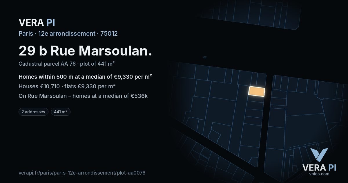 29 b Rue Marsoulan, 12e arrondissement at night – the plot lit, the parcels around coloured by the prices near them