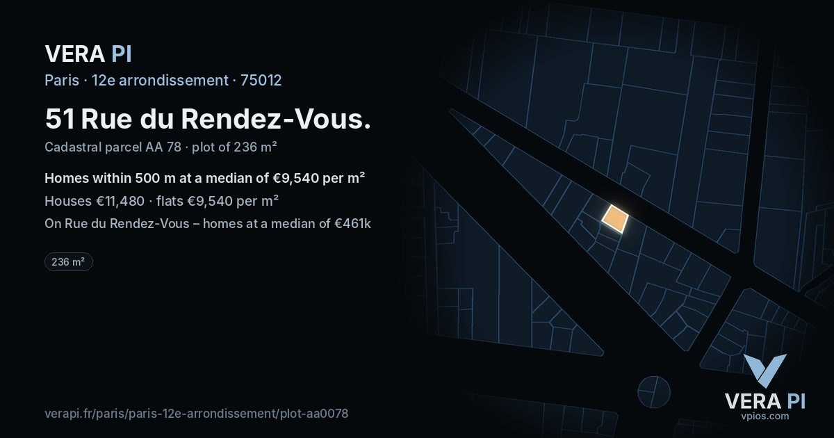 51 Rue du Rendez-Vous, 12e arrondissement at night – the plot lit, the parcels around coloured by the prices near them