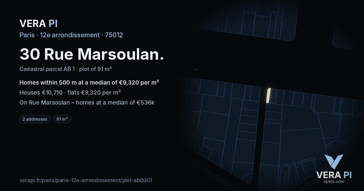 30 Rue Marsoulan, 12e arrondissement at night – the plot lit, the parcels around coloured by the prices near them