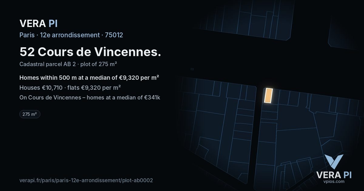 52 Cours de Vincennes, 12e arrondissement at night – the plot lit, the parcels around coloured by the prices near them