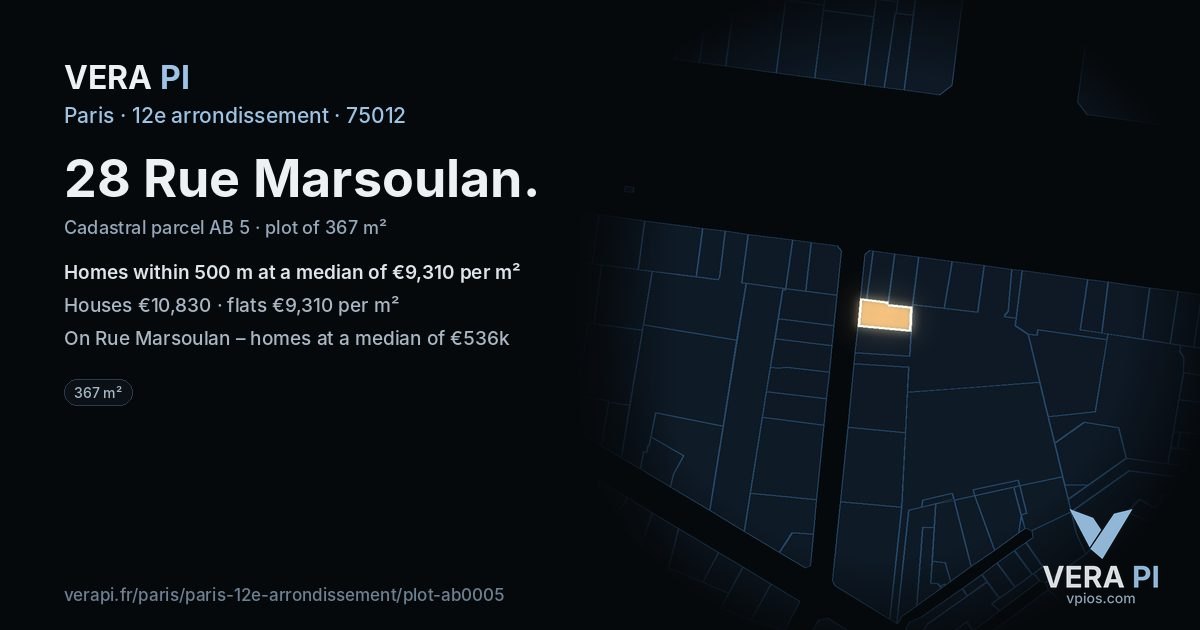 28 Rue Marsoulan, 12e arrondissement at night – the plot lit, the parcels around coloured by the prices near them