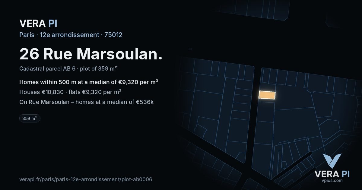 26 Rue Marsoulan, 12e arrondissement at night – the plot lit, the parcels around coloured by the prices near them