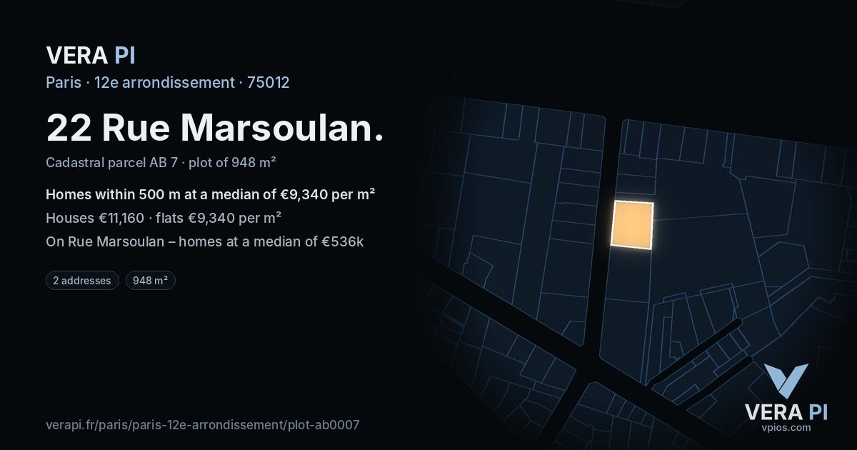 22 Rue Marsoulan, 12e arrondissement at night – the plot lit, the parcels around coloured by the prices near them