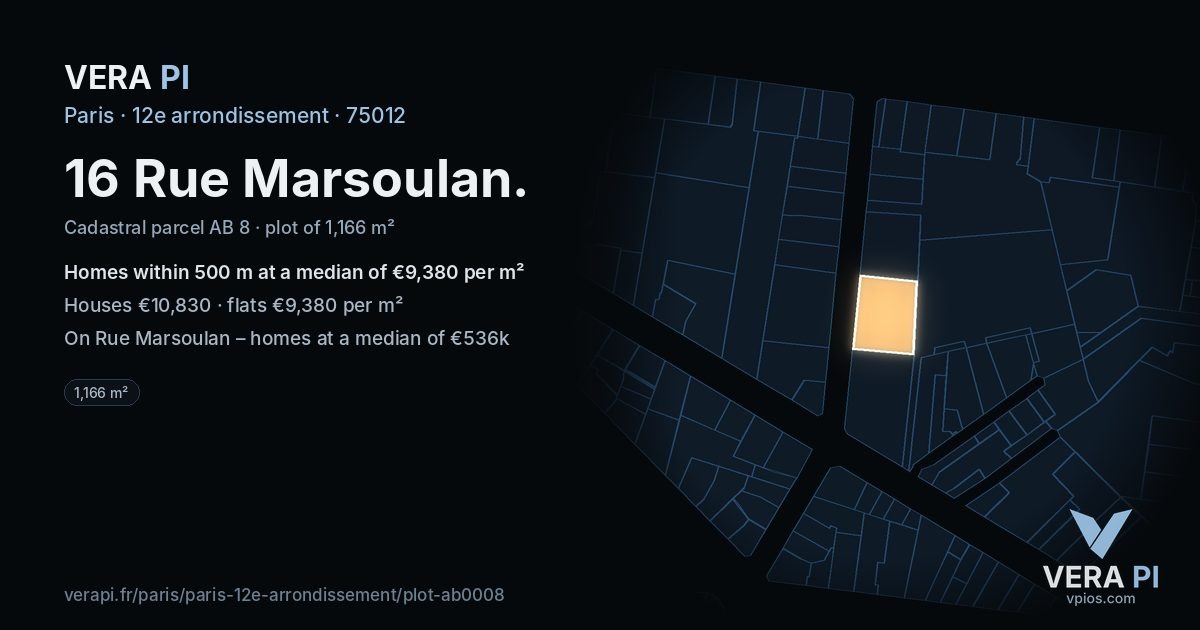 16 Rue Marsoulan, 12e arrondissement at night – the plot lit, the parcels around coloured by the prices near them