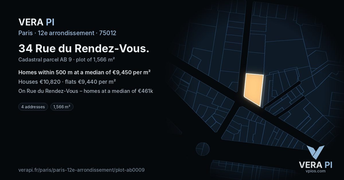 34 Rue du Rendez-Vous, 12e arrondissement at night – the plot lit, the parcels around coloured by the prices near them