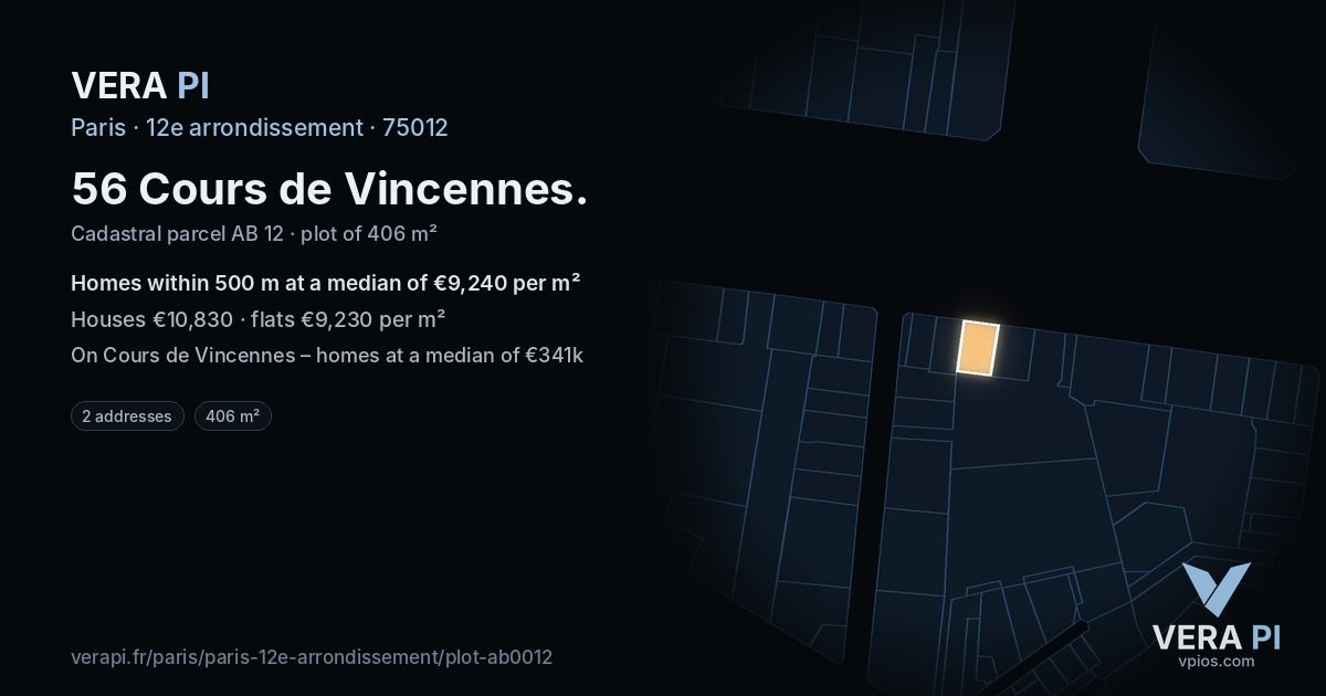 56 Cours de Vincennes, 12e arrondissement at night – the plot lit, the parcels around coloured by the prices near them