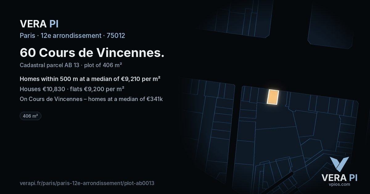 60 Cours de Vincennes, 12e arrondissement at night – the plot lit, the parcels around coloured by the prices near them