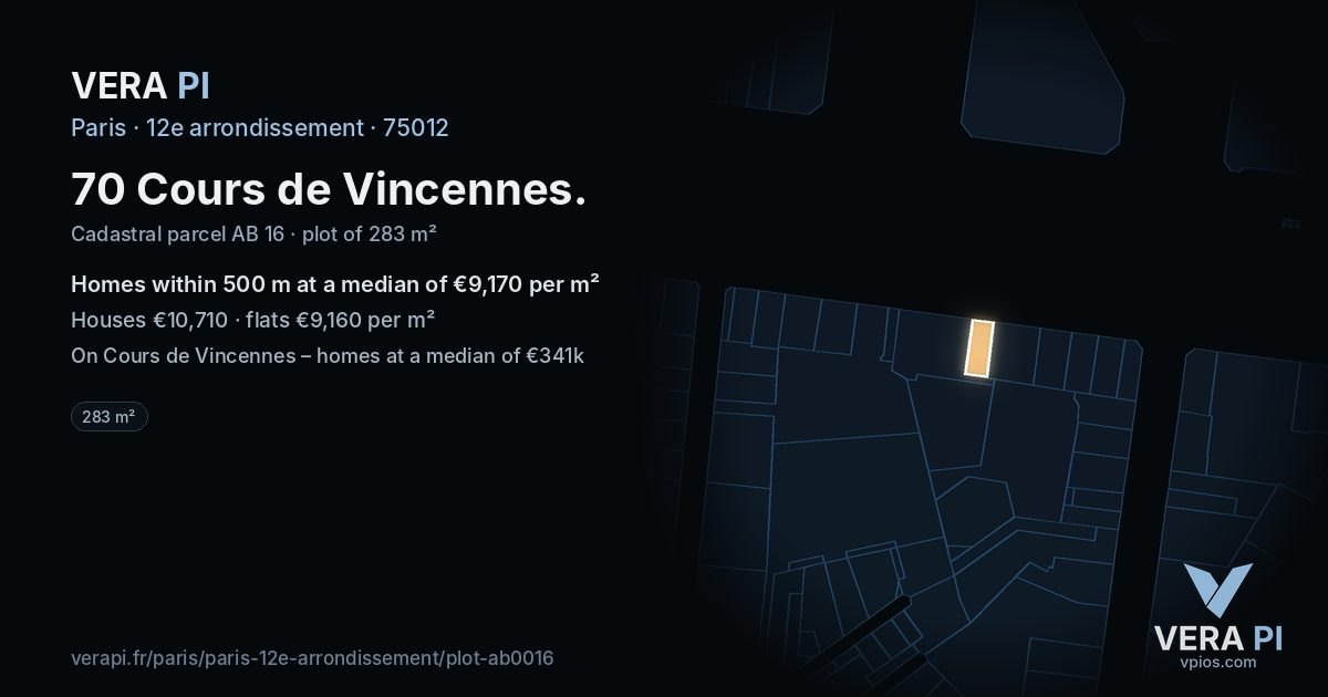 70 Cours de Vincennes, 12e arrondissement at night – the plot lit, the parcels around coloured by the prices near them