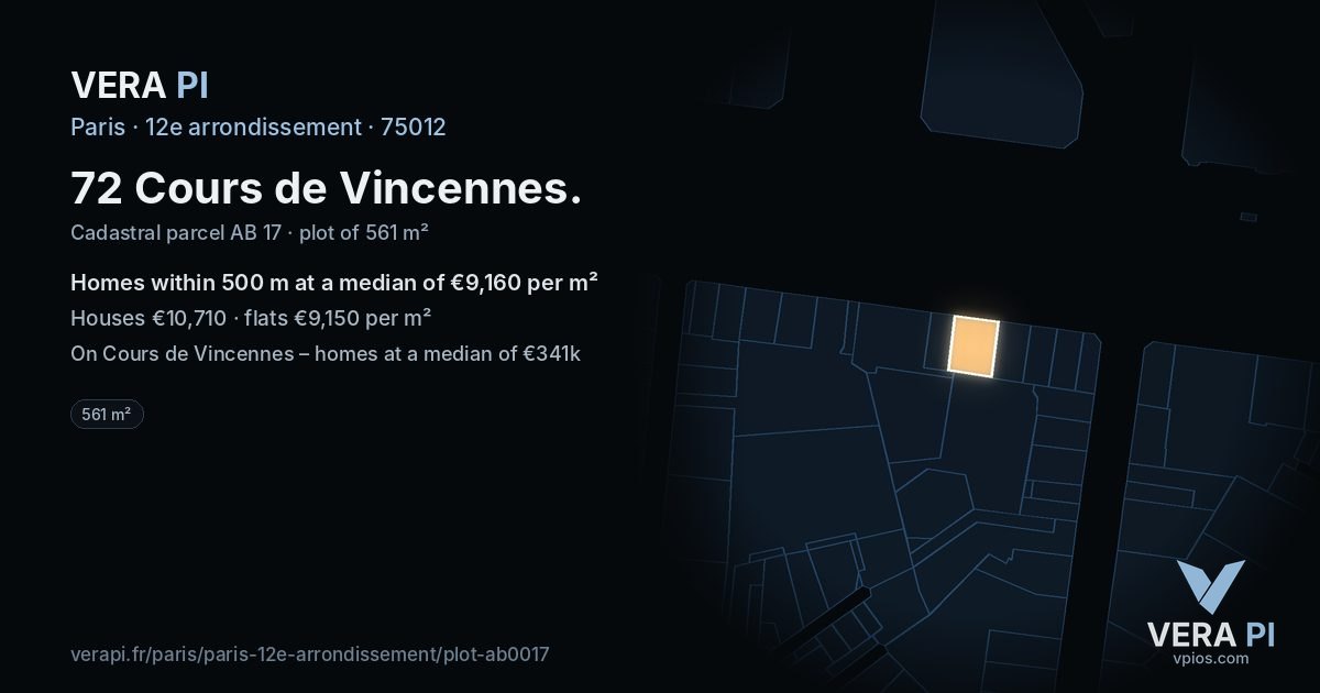 72 Cours de Vincennes, 12e arrondissement at night – the plot lit, the parcels around coloured by the prices near them