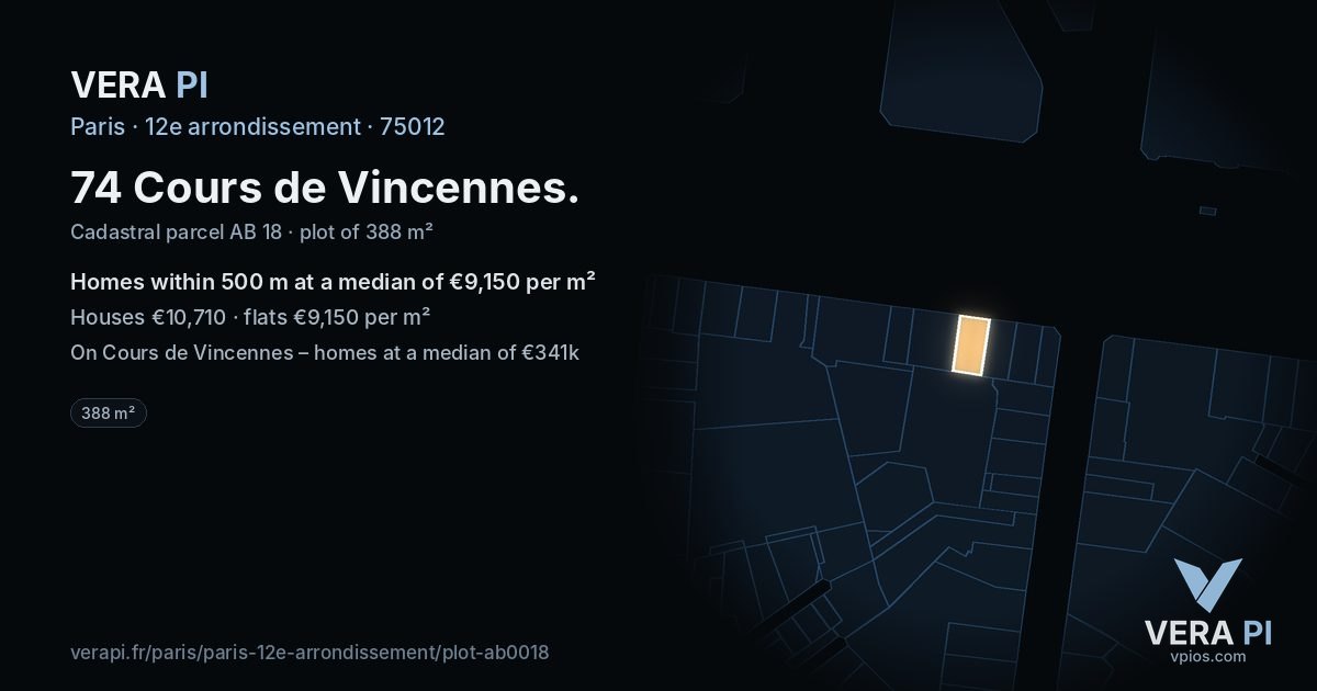74 Cours de Vincennes, 12e arrondissement at night – the plot lit, the parcels around coloured by the prices near them