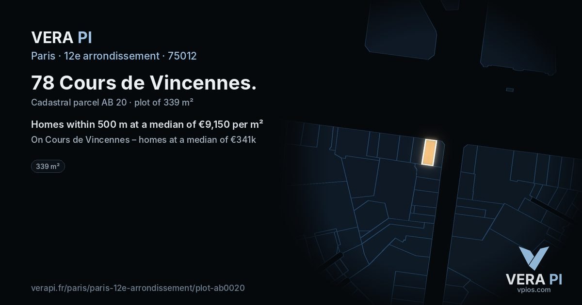 78 Cours de Vincennes, 12e arrondissement at night – the plot lit, the parcels around coloured by the prices near them