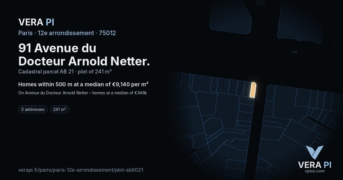 91 Avenue du Docteur Arnold Netter, 12e arrondissement at night – the plot lit, the parcels around coloured by the prices near them