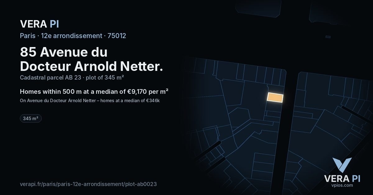 85 Avenue du Docteur Arnold Netter, 12e arrondissement at night – the plot lit, the parcels around coloured by the prices near them