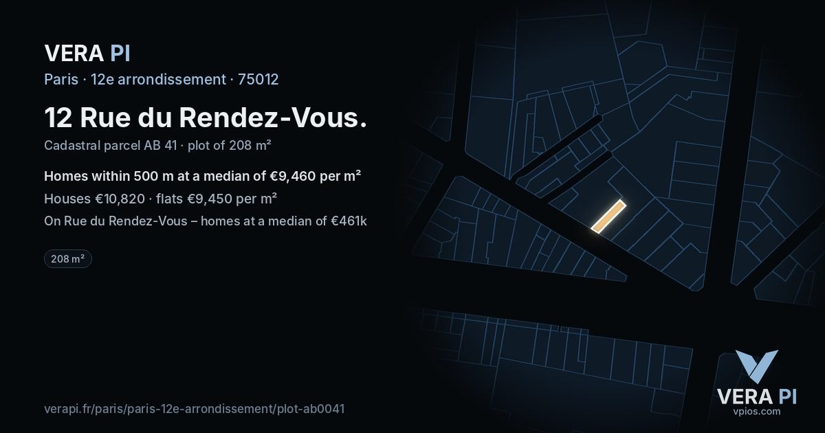 12 Rue du Rendez-Vous, 12e arrondissement at night – the plot lit, the parcels around coloured by the prices near them
