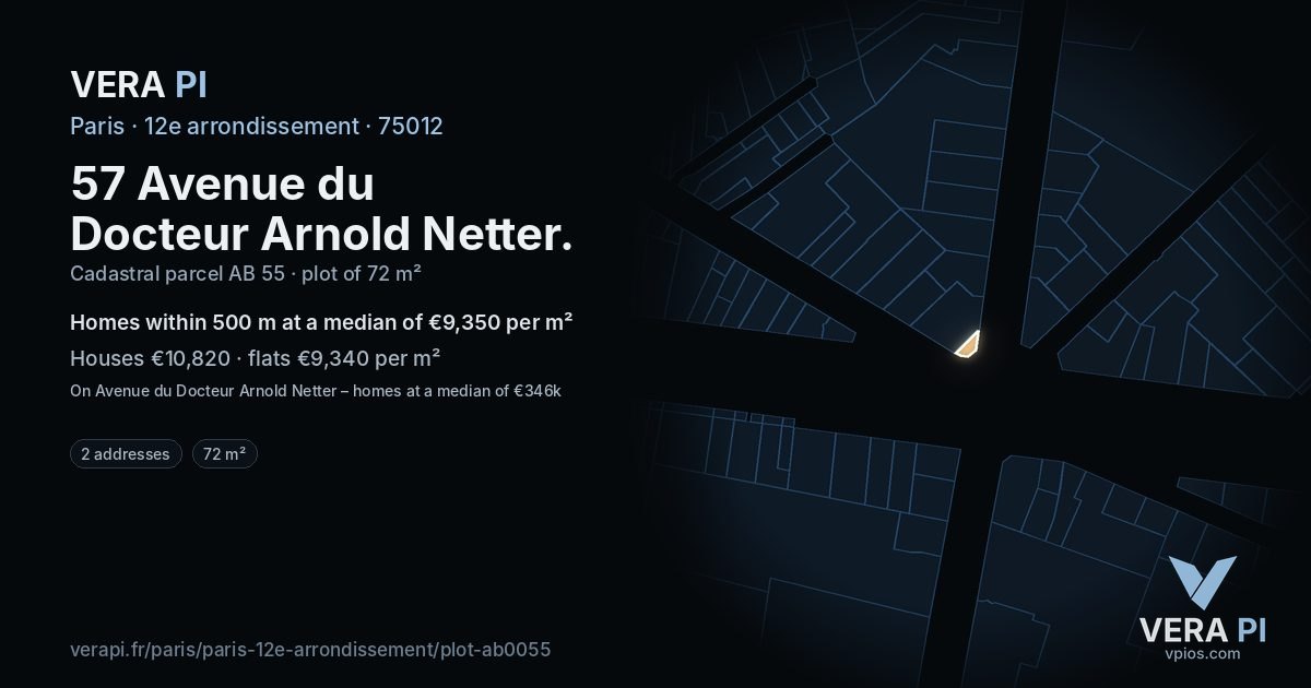 57 Avenue du Docteur Arnold Netter, 12e arrondissement at night – the plot lit, the parcels around coloured by the prices near them