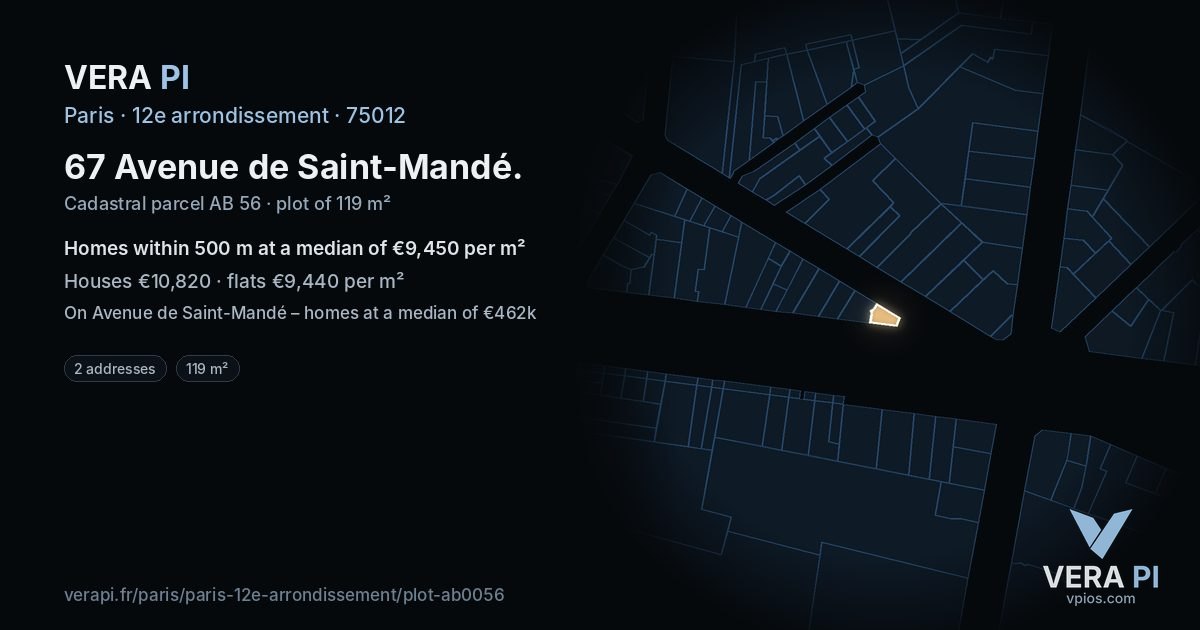 67 Avenue de Saint-Mandé, 12e arrondissement at night – the plot lit, the parcels around coloured by the prices near them