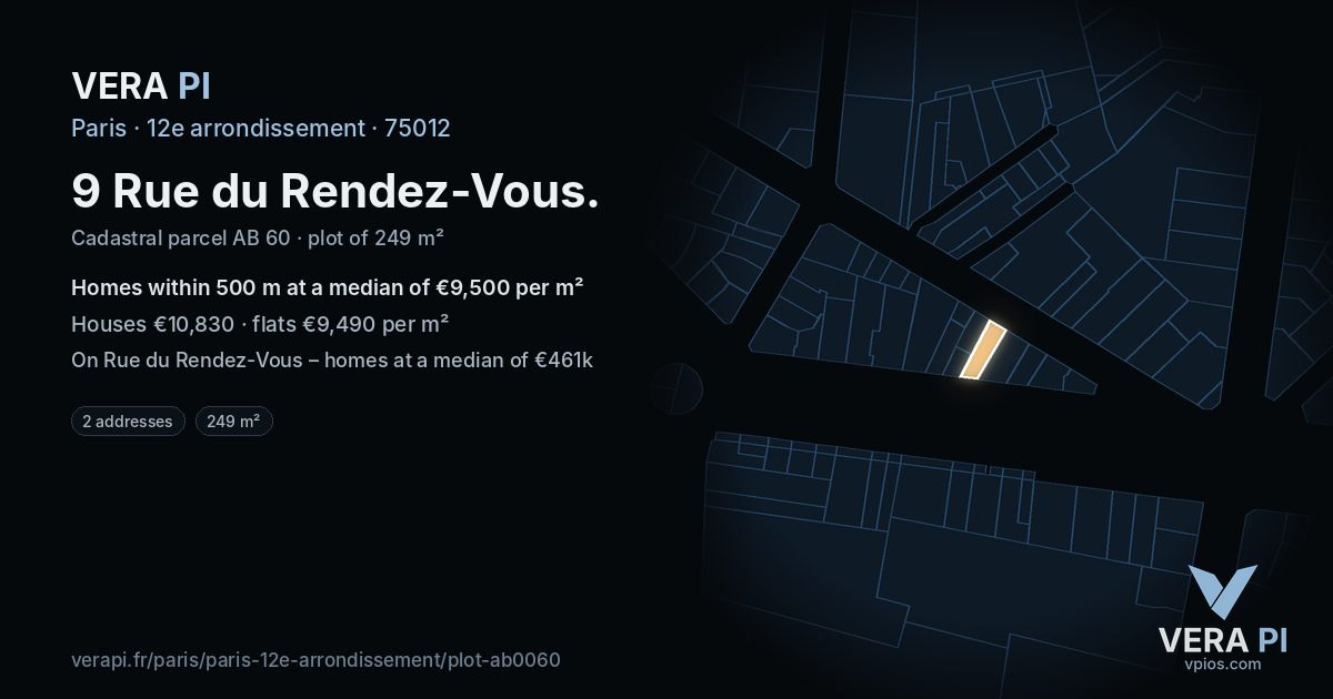 9 Rue du Rendez-Vous, 12e arrondissement at night – the plot lit, the parcels around coloured by the prices near them