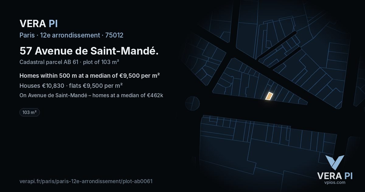 57 Avenue de Saint-Mandé, 12e arrondissement at night – the plot lit, the parcels around coloured by the prices near them