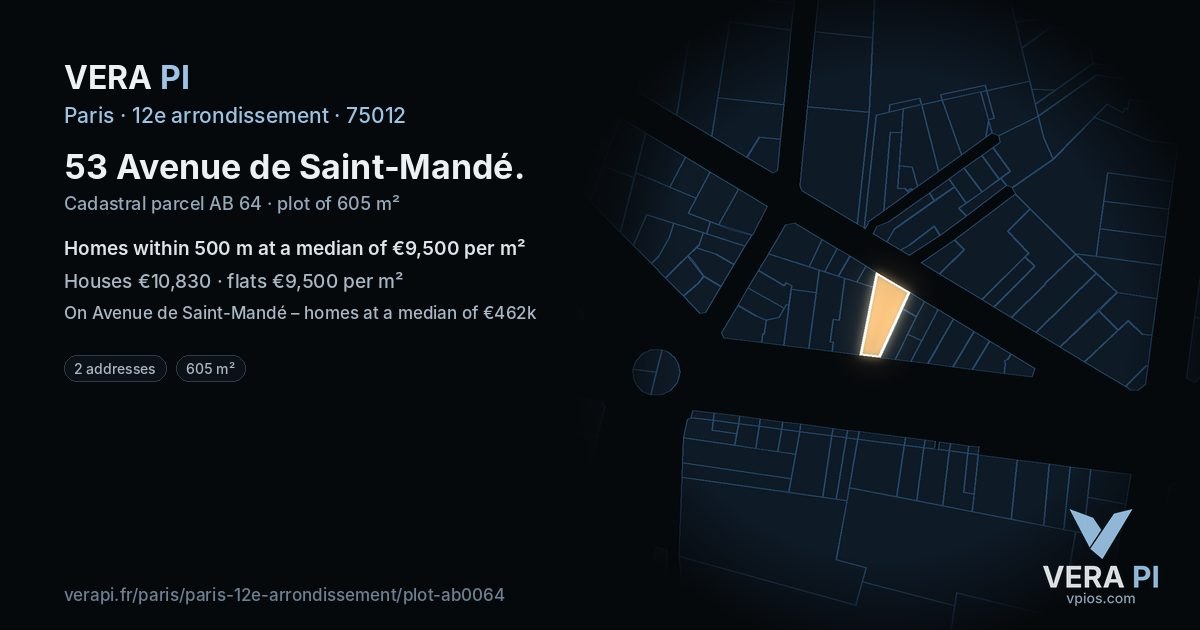 53 Avenue de Saint-Mandé, 12e arrondissement at night – the plot lit, the parcels around coloured by the prices near them