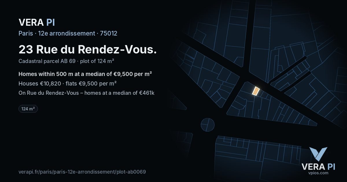 23 Rue du Rendez-Vous, 12e arrondissement at night – the plot lit, the parcels around coloured by the prices near them