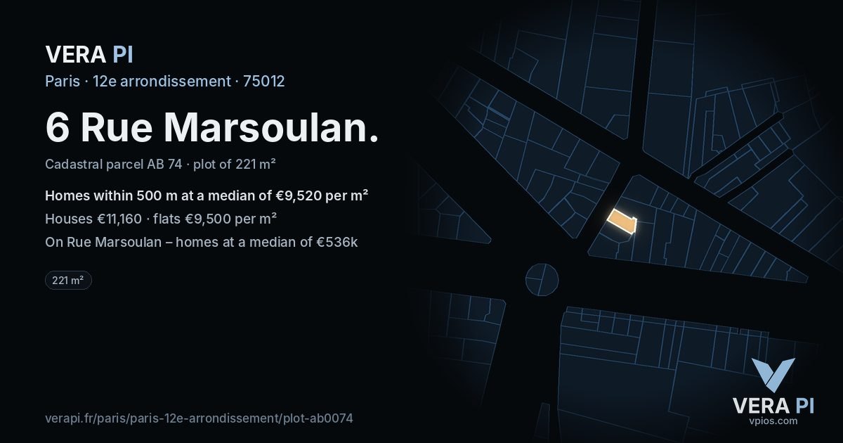 6 Rue Marsoulan, 12e arrondissement at night – the plot lit, the parcels around coloured by the prices near them