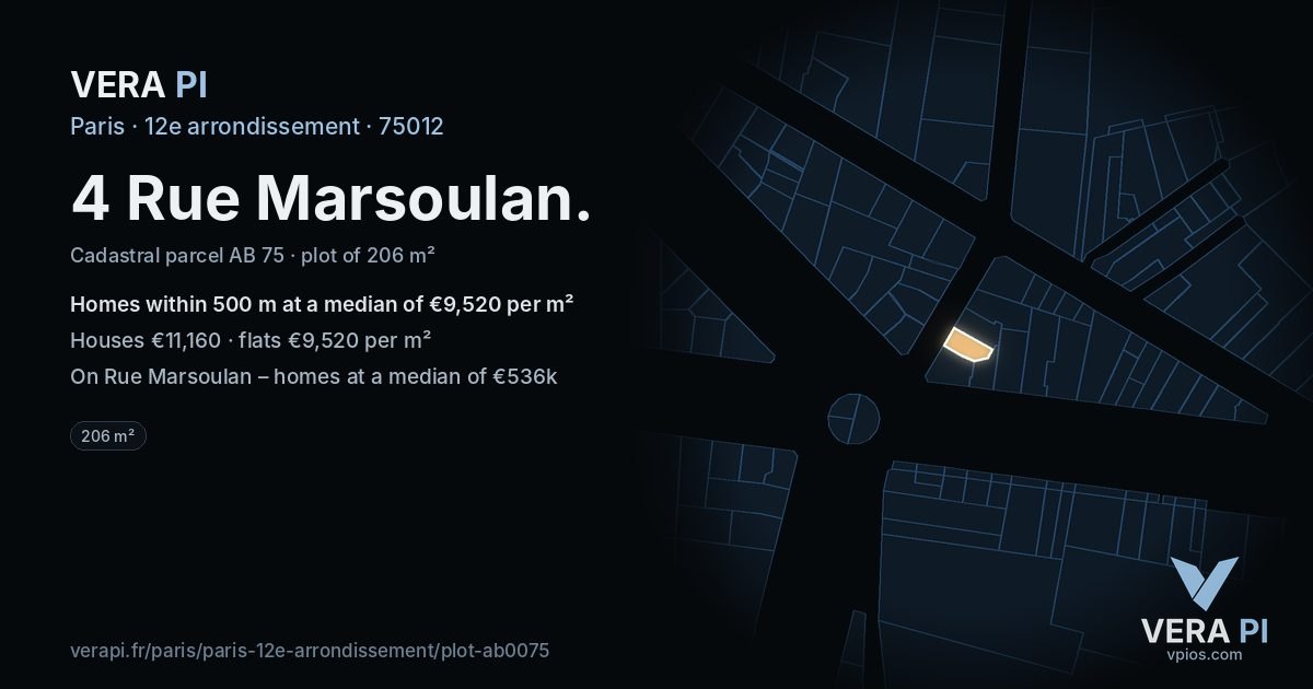 4 Rue Marsoulan, 12e arrondissement at night – the plot lit, the parcels around coloured by the prices near them