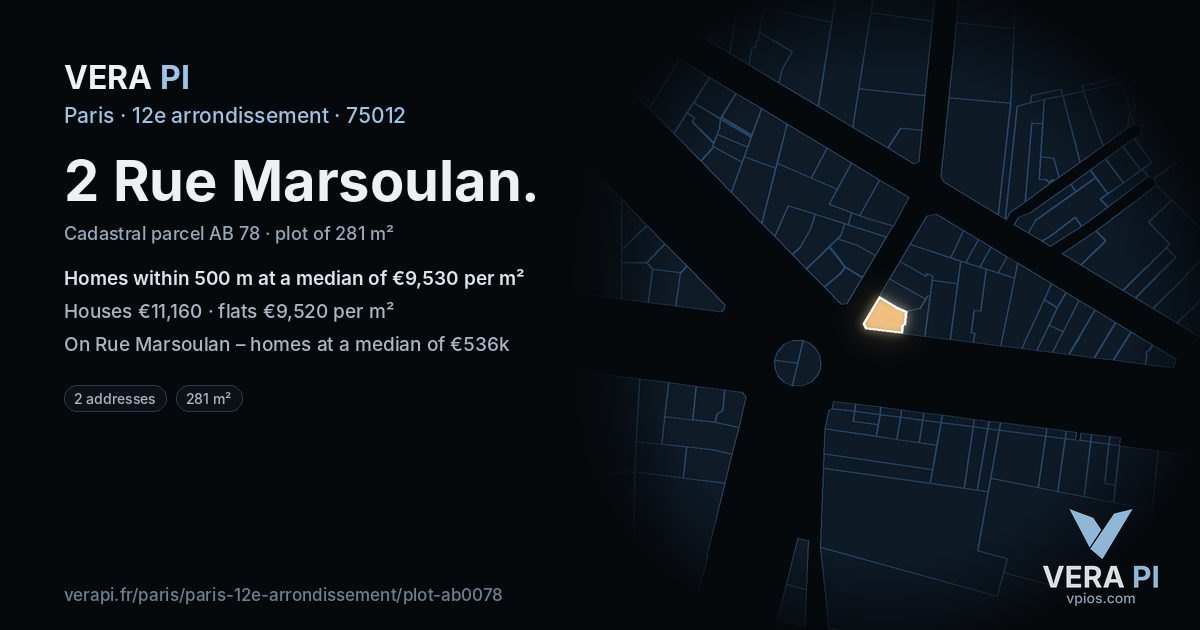 2 Rue Marsoulan, 12e arrondissement at night – the plot lit, the parcels around coloured by the prices near them