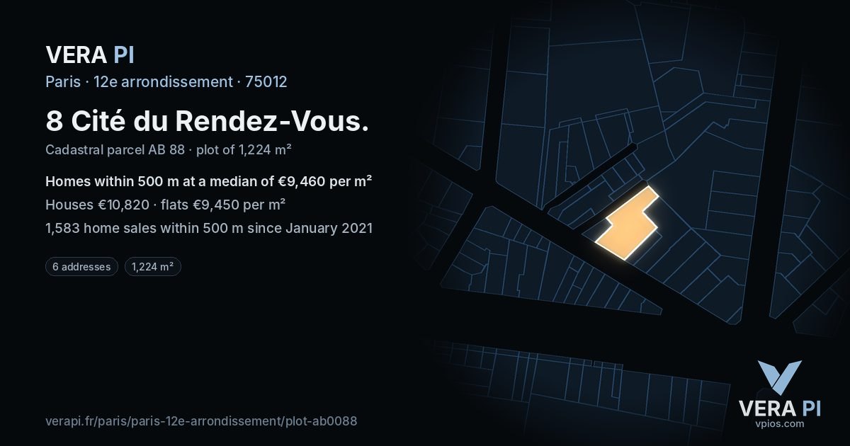 8 Cité du Rendez-Vous, 12e arrondissement at night – the plot lit, the parcels around coloured by the prices near them