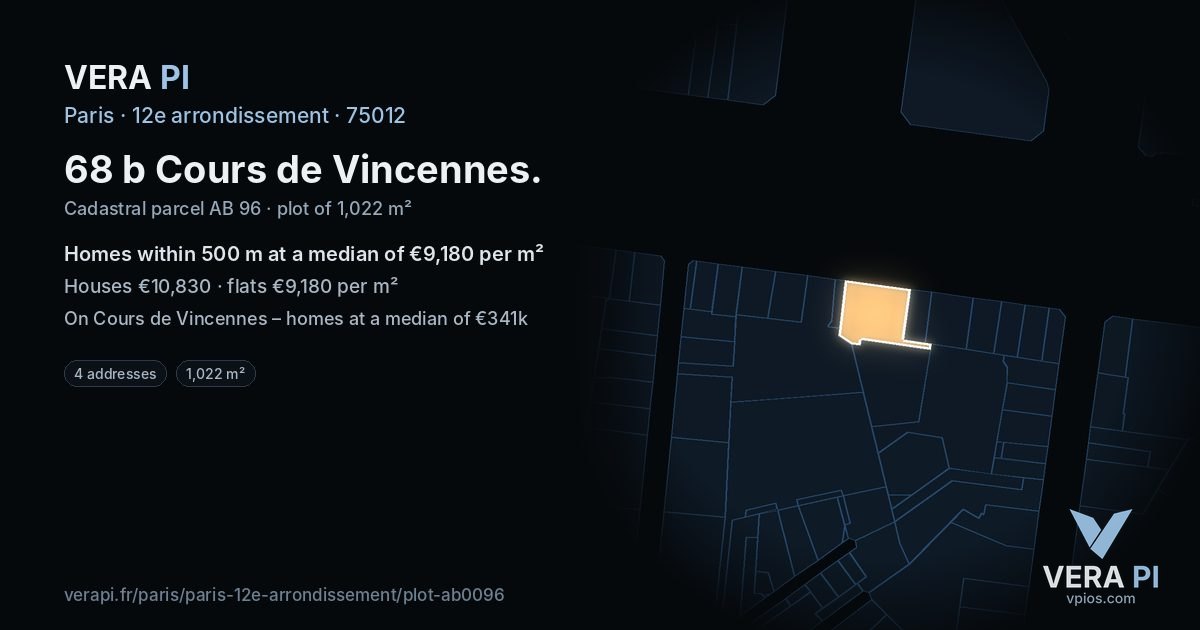 68 b Cours de Vincennes, 12e arrondissement at night – the plot lit, the parcels around coloured by the prices near them