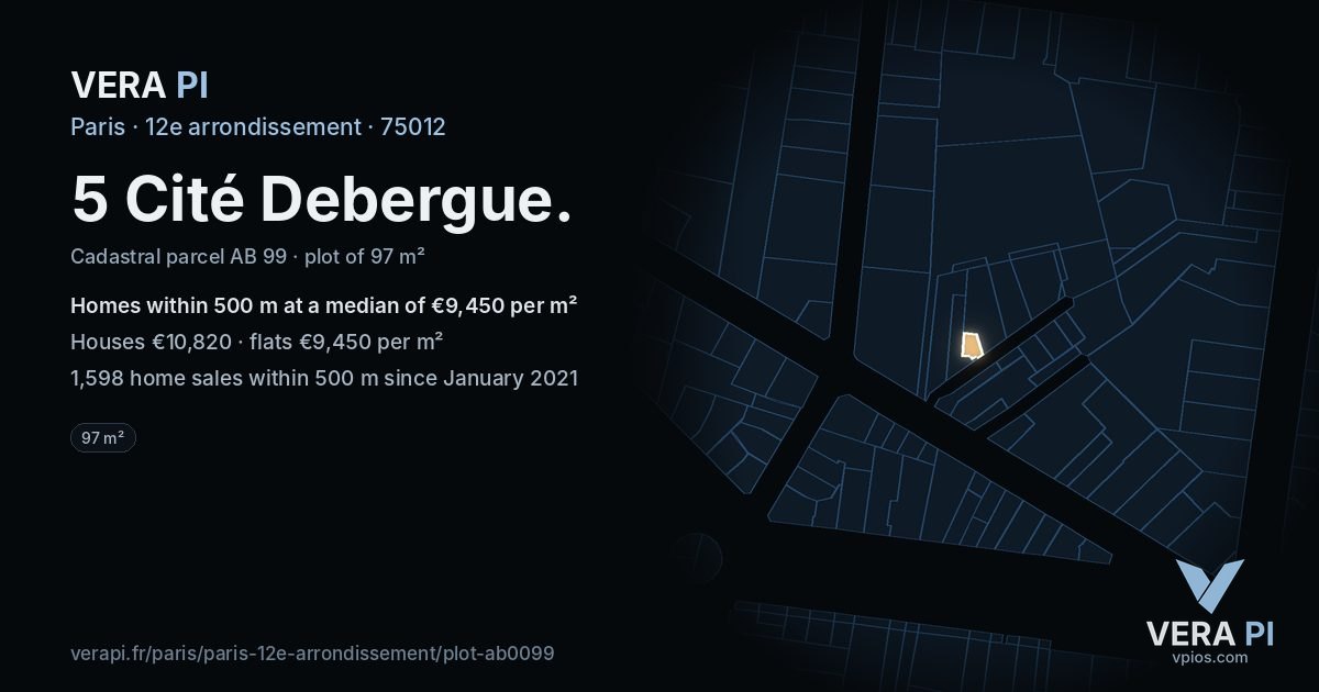 5 Cité Debergue, 12e arrondissement at night – the plot lit, the parcels around coloured by the prices near them