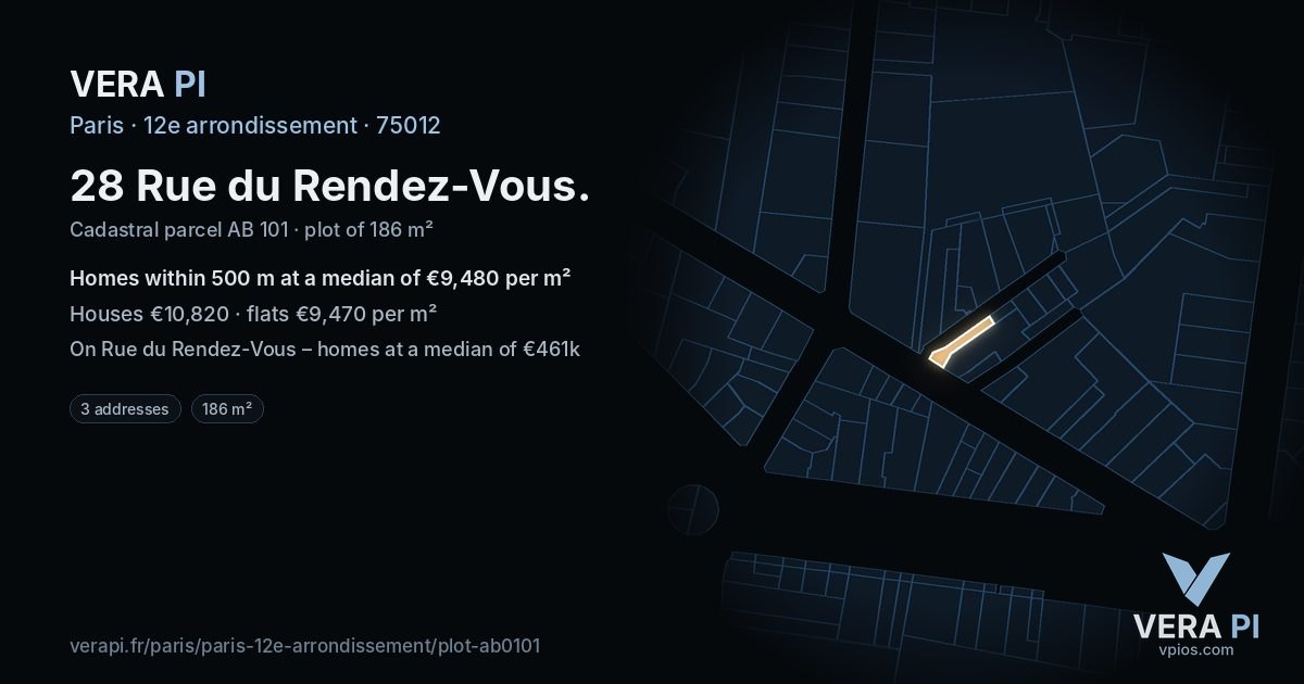 28 Rue du Rendez-Vous, 12e arrondissement at night – the plot lit, the parcels around coloured by the prices near them
