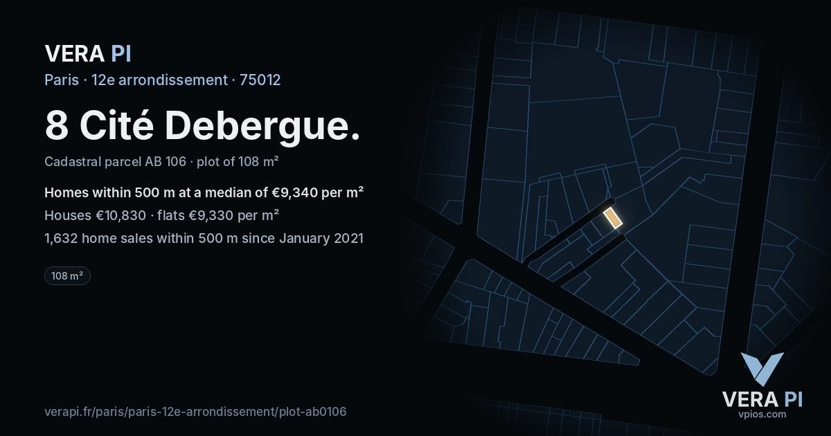 8 Cité Debergue, 12e arrondissement at night – the plot lit, the parcels around coloured by the prices near them
