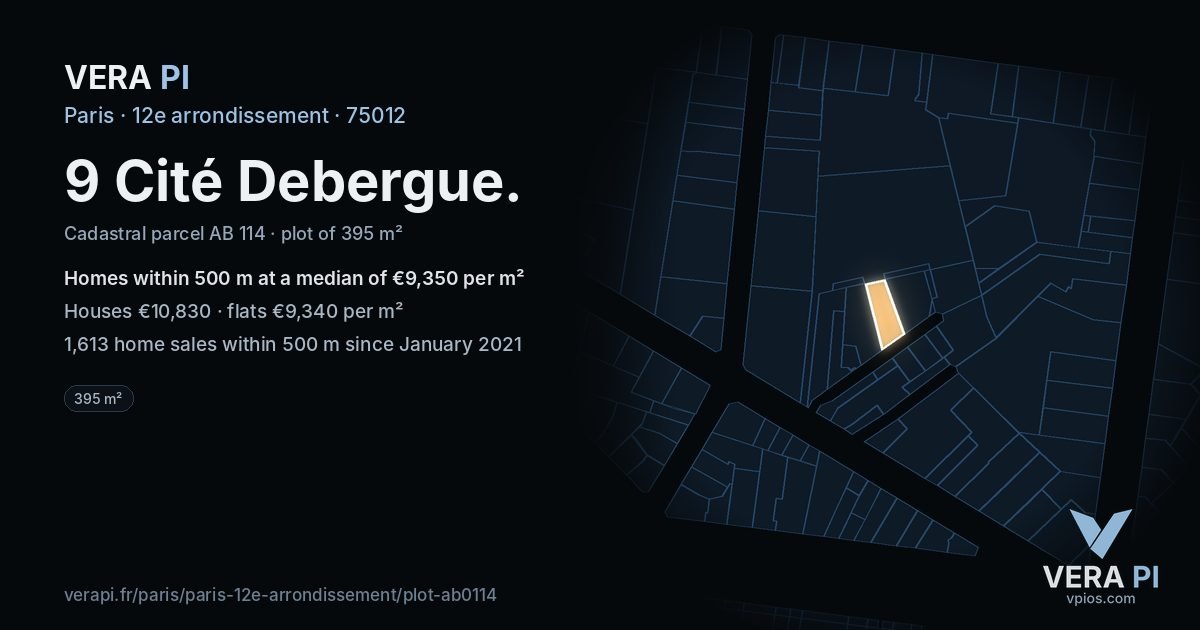 9 Cité Debergue, 12e arrondissement at night – the plot lit, the parcels around coloured by the prices near them