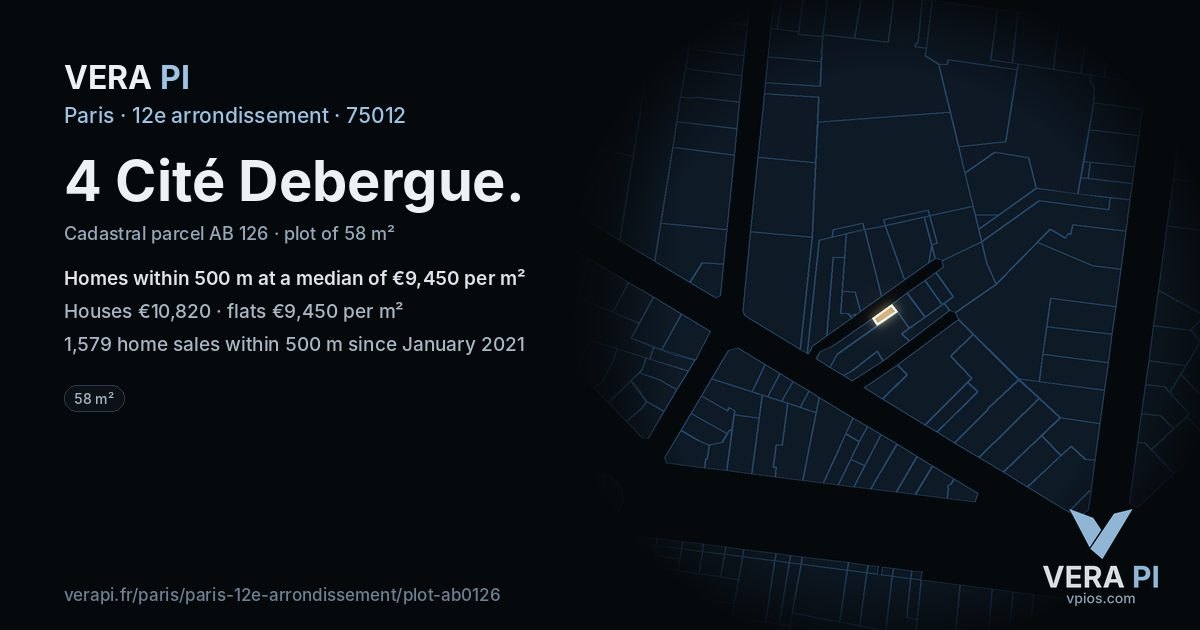 4 Cité Debergue, 12e arrondissement at night – the plot lit, the parcels around coloured by the prices near them