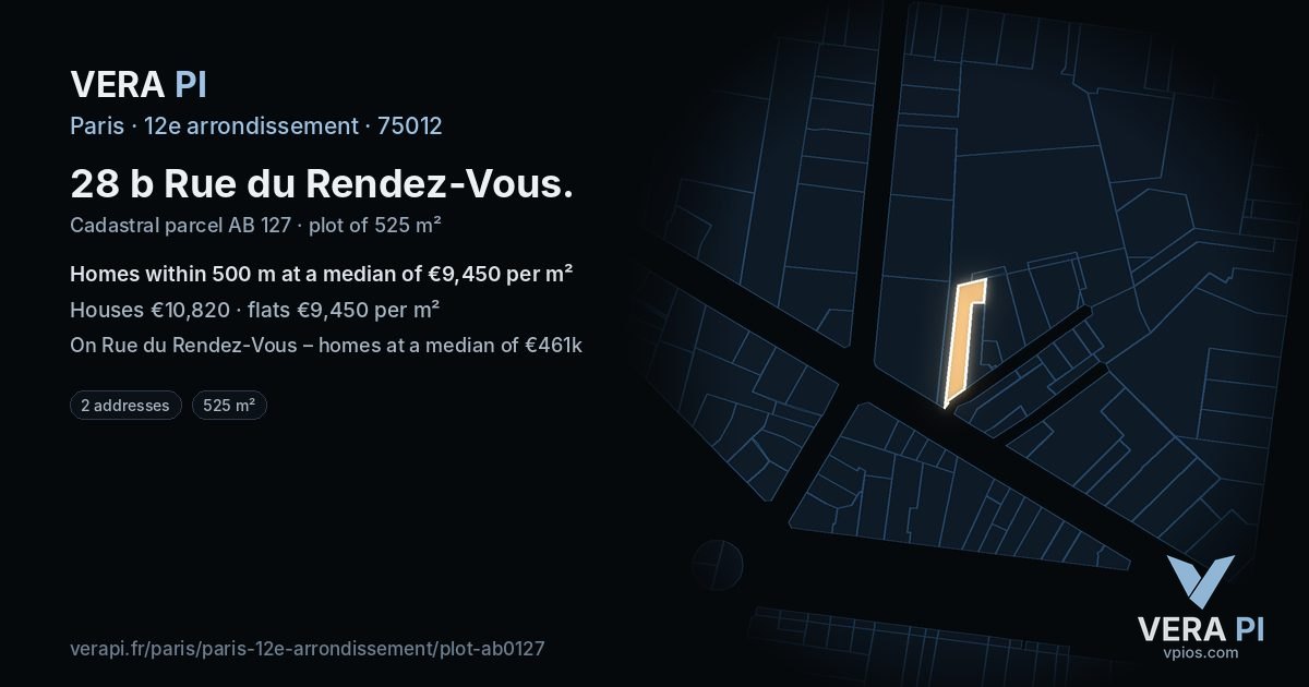 28 b Rue du Rendez-Vous, 12e arrondissement at night – the plot lit, the parcels around coloured by the prices near them