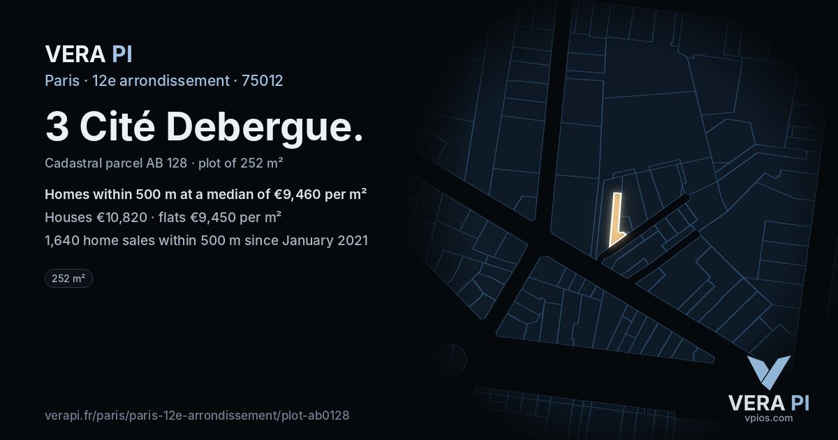 3 Cité Debergue, 12e arrondissement at night – the plot lit, the parcels around coloured by the prices near them