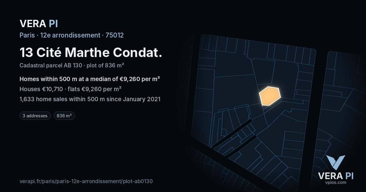 13 Cité Marthe Condat, 12e arrondissement at night – the plot lit, the parcels around coloured by the prices near them