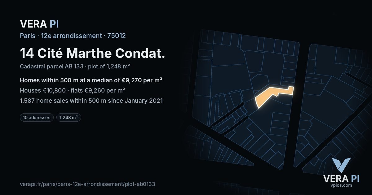 14 Cité Marthe Condat, 12e arrondissement at night – the plot lit, the parcels around coloured by the prices near them