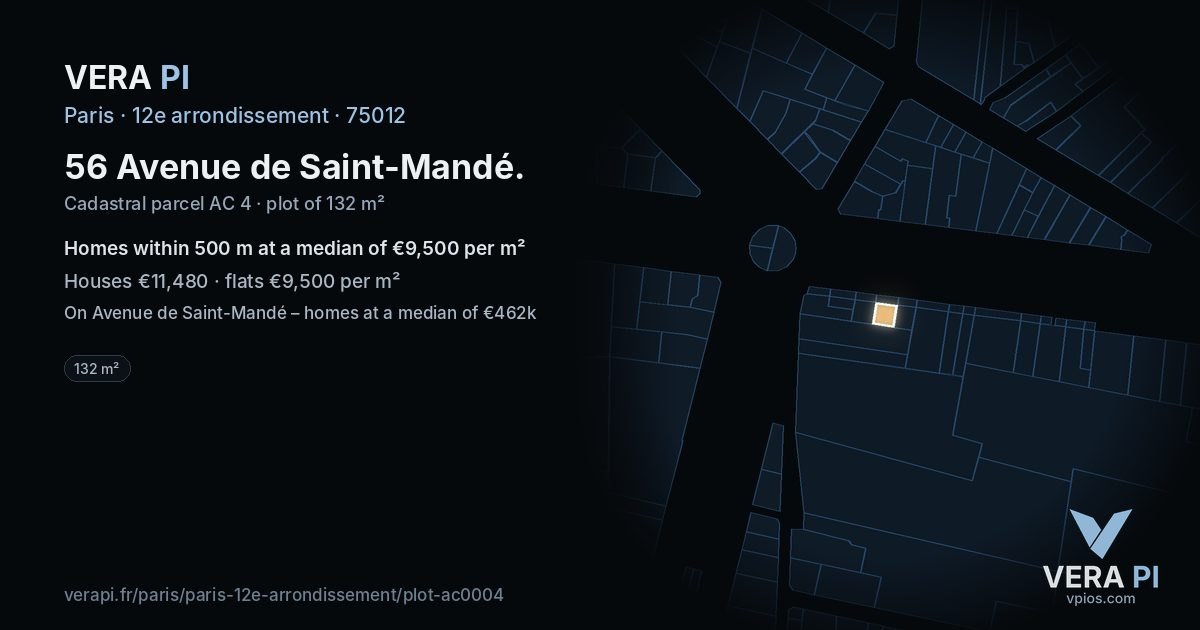 56 Avenue de Saint-Mandé, 12e arrondissement at night – the plot lit, the parcels around coloured by the prices near them