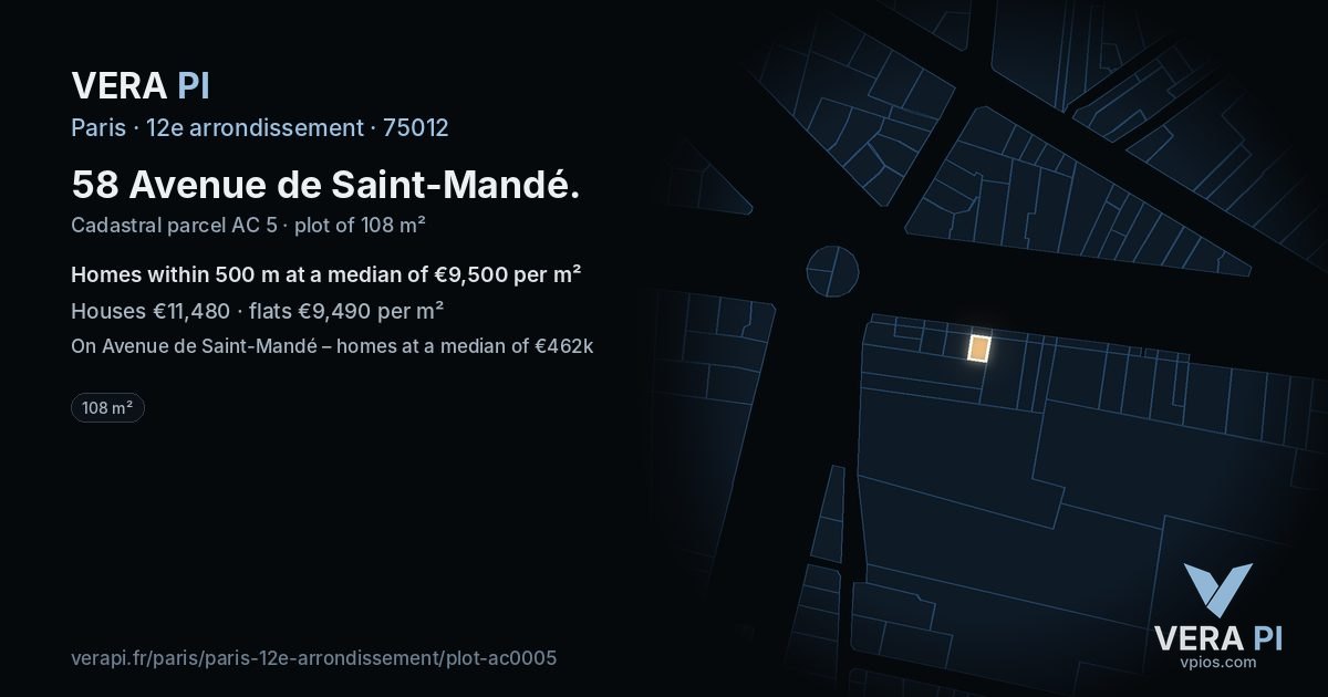 58 Avenue de Saint-Mandé, 12e arrondissement at night – the plot lit, the parcels around coloured by the prices near them