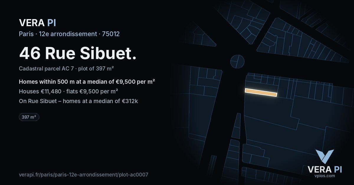46 Rue Sibuet, 12e arrondissement at night – the plot lit, the parcels around coloured by the prices near them