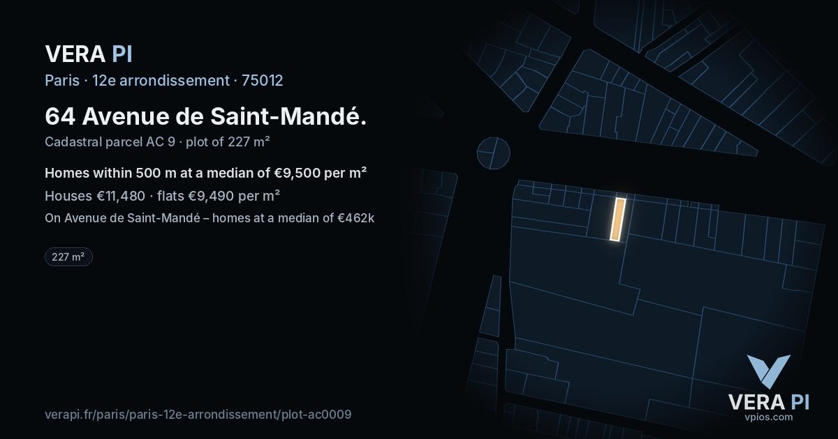64 Avenue de Saint-Mandé, 12e arrondissement at night – the plot lit, the parcels around coloured by the prices near them