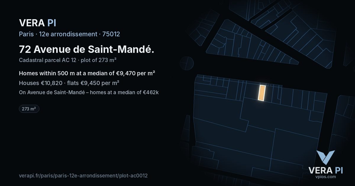 72 Avenue de Saint-Mandé, 12e arrondissement at night – the plot lit, the parcels around coloured by the prices near them