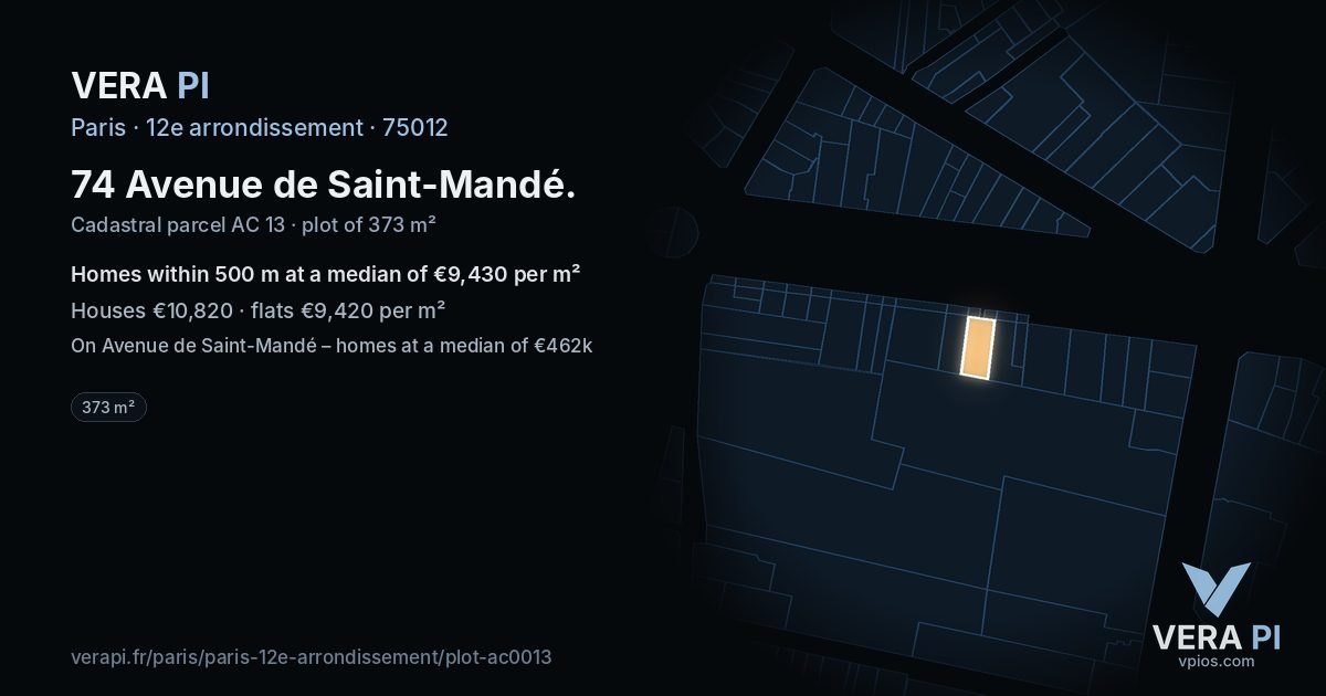 74 Avenue de Saint-Mandé, 12e arrondissement at night – the plot lit, the parcels around coloured by the prices near them