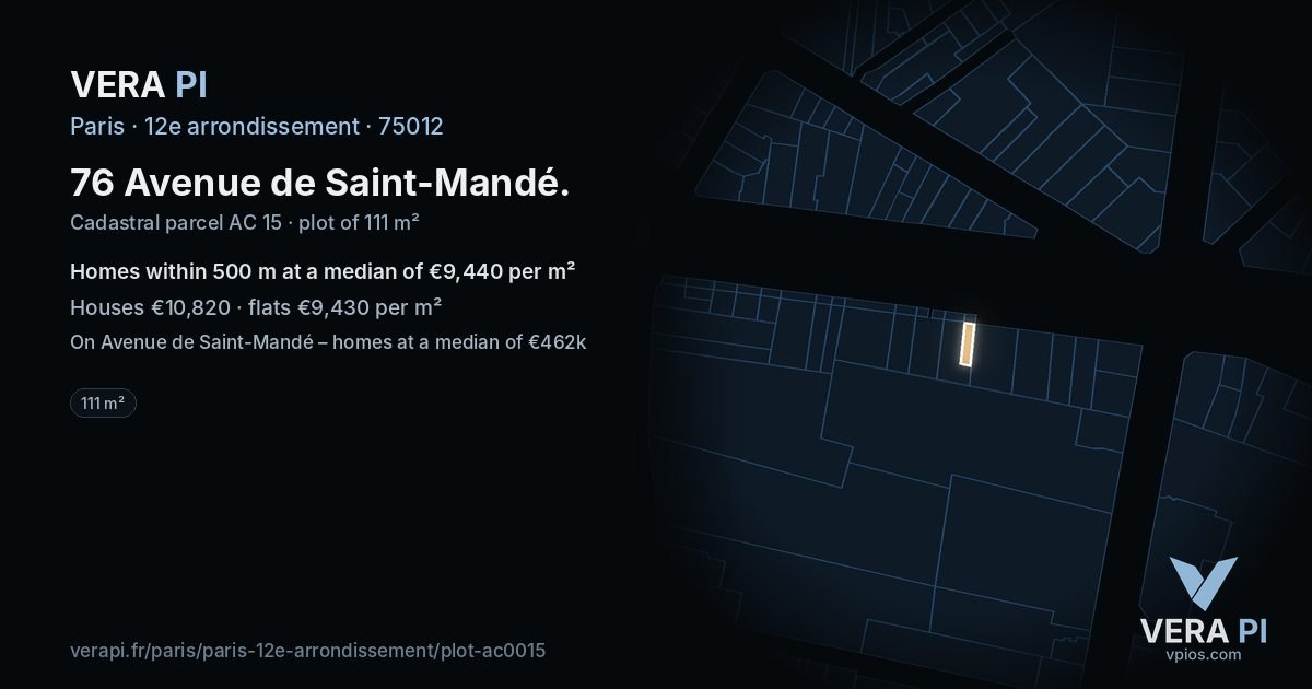 76 Avenue de Saint-Mandé, 12e arrondissement at night – the plot lit, the parcels around coloured by the prices near them