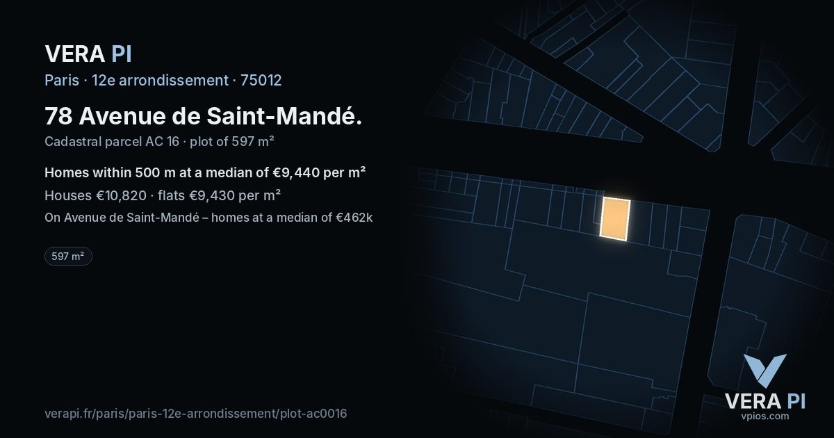 78 Avenue de Saint-Mandé, 12e arrondissement at night – the plot lit, the parcels around coloured by the prices near them