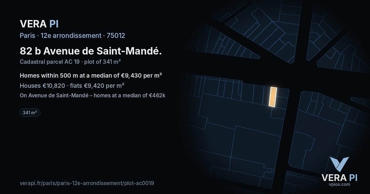 82 b Avenue de Saint-Mandé, 12e arrondissement at night – the plot lit, the parcels around coloured by the prices near them