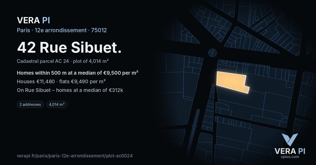 42 Rue Sibuet, 12e arrondissement at night – the plot lit, the parcels around coloured by the prices near them