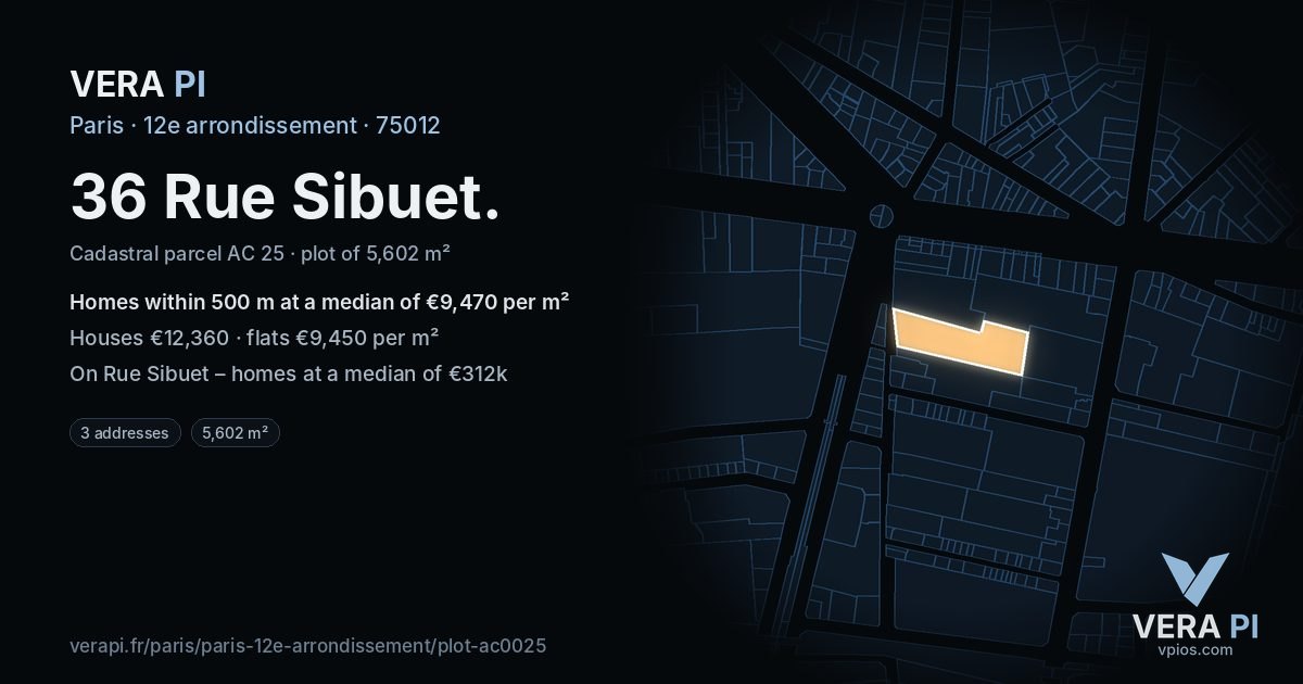 36 Rue Sibuet, 12e arrondissement at night – the plot lit, the parcels around coloured by the prices near them