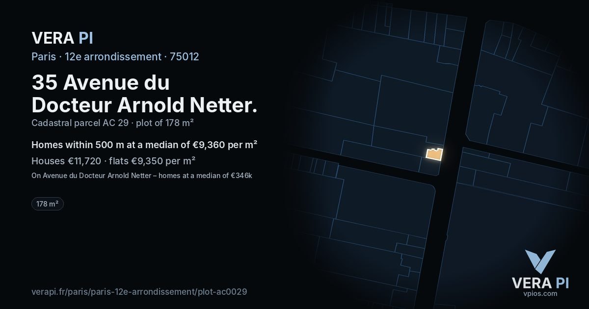 35 Avenue du Docteur Arnold Netter, 12e arrondissement at night – the plot lit, the parcels around coloured by the prices near them